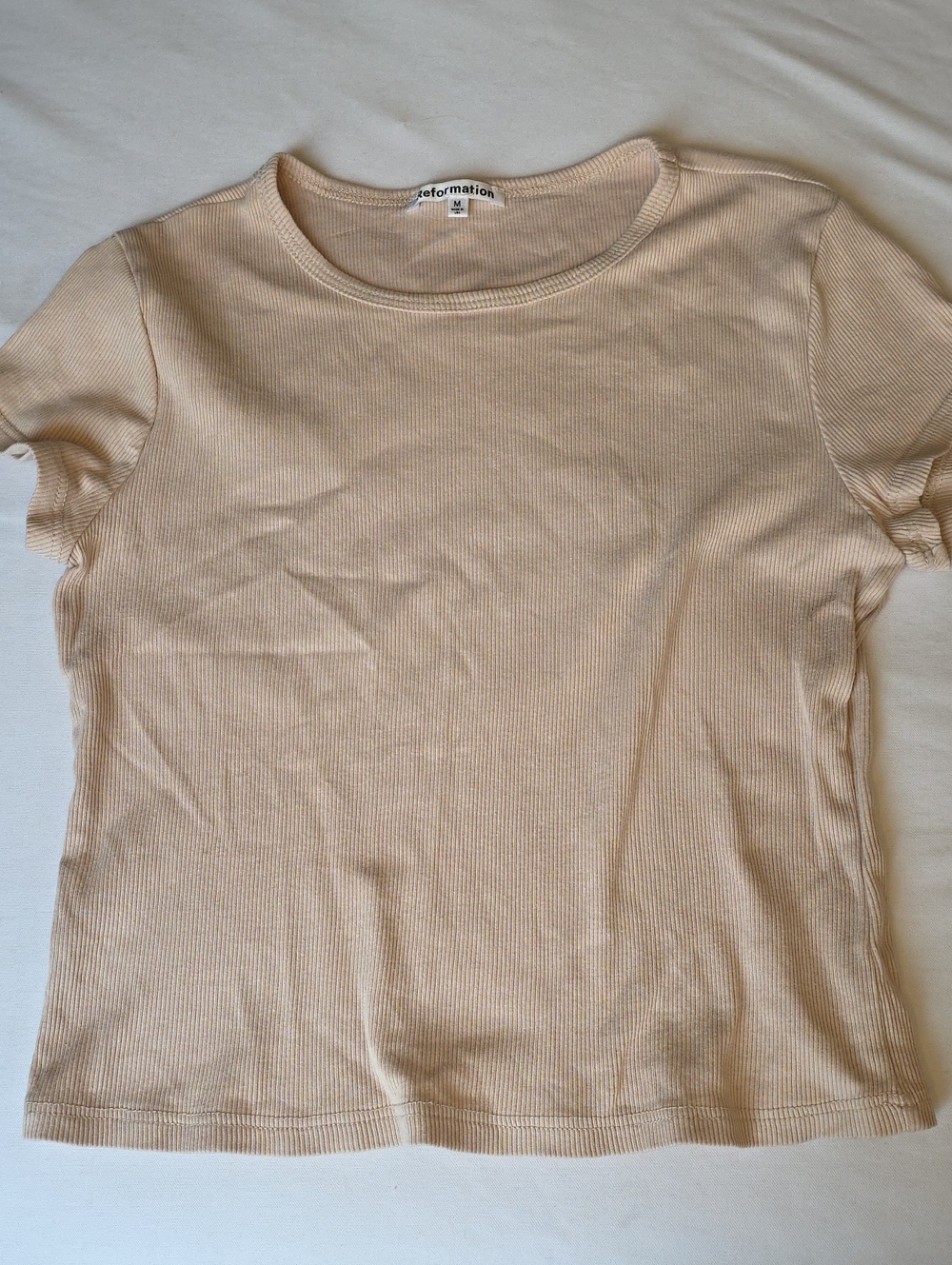 Reformation Short-Sleeve Ribbed Tee in Light Beige